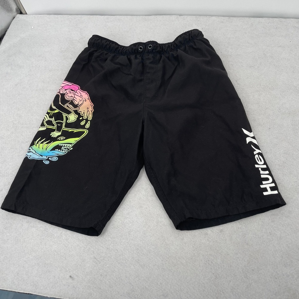 Hurley Boys Black Board Shorts Monkey Surfing Shark Rainbow Graphic Size L 12-13